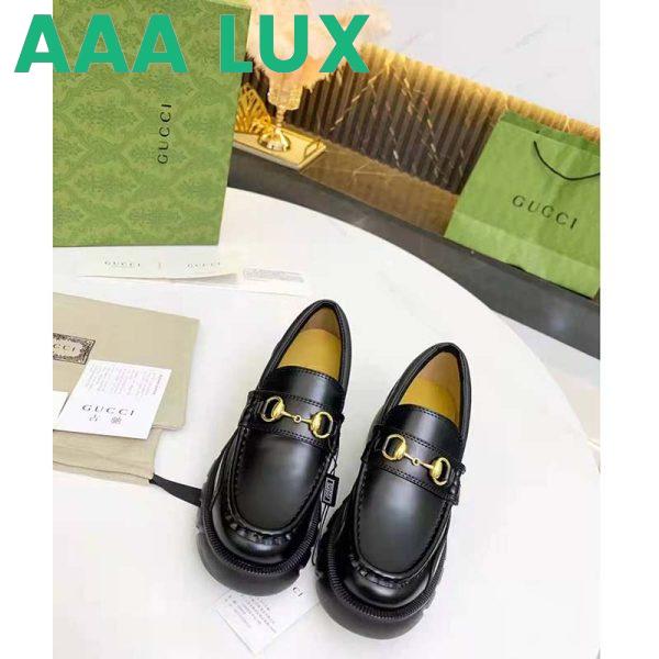 Replica Gucci Women Loafer with Horsebit Black Leather Rubber Lug Sole 4 cm Heel 4