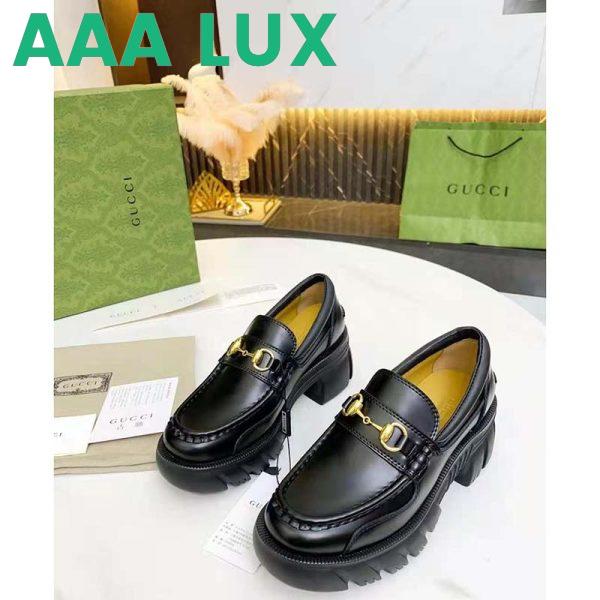 Replica Gucci Women Loafer with Horsebit Black Leather Rubber Lug Sole 4 cm Heel 5