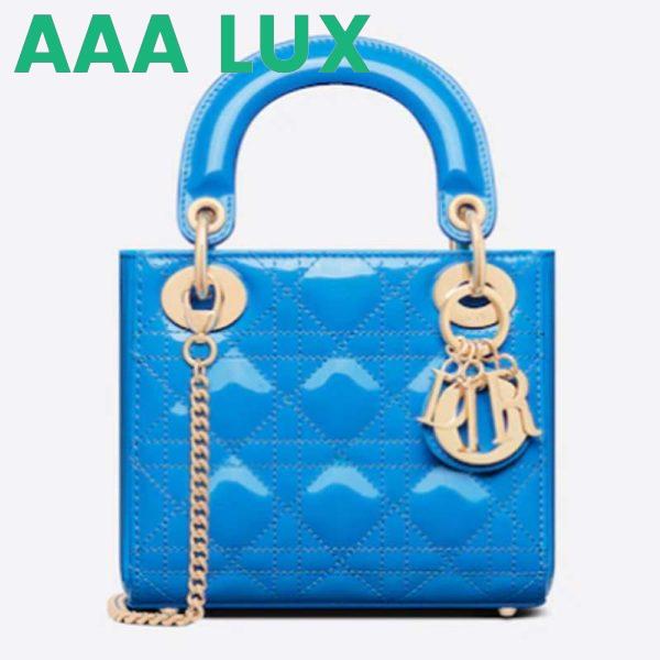 Replica Dior Women Mini Lady Dior Bag Bright Blue Patent Cannage Calfskin 2