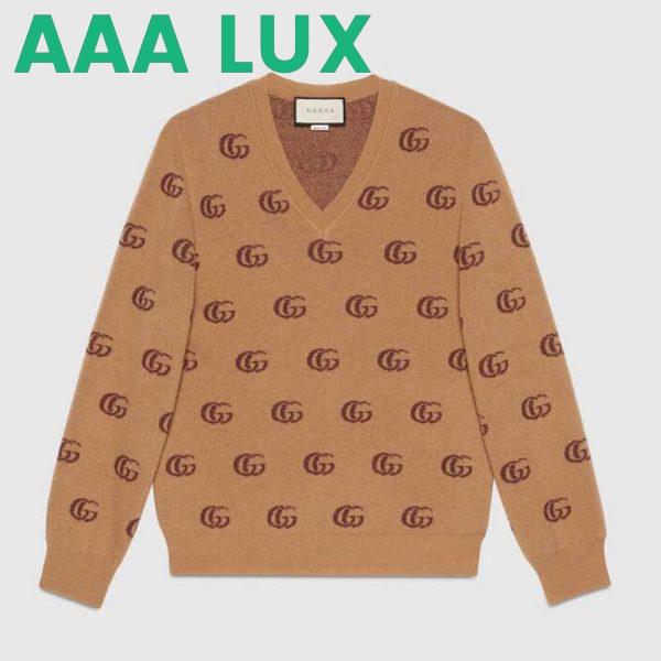Replica Gucci Men Double G Jacquard Wool V-Neck Sweater Camel and Brown 2