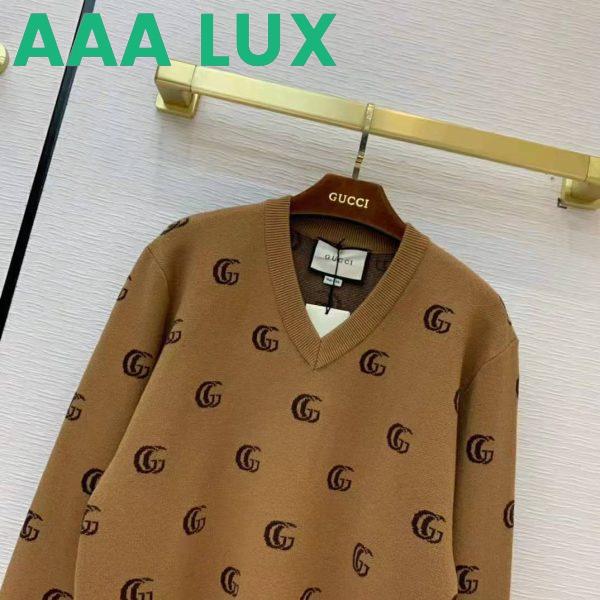 Replica Gucci Men Double G Jacquard Wool V-Neck Sweater Camel and Brown 8