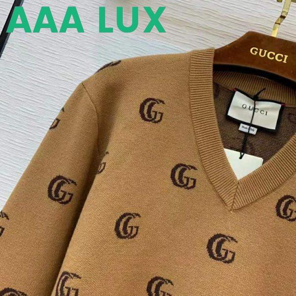 Replica Gucci Men Double G Jacquard Wool V-Neck Sweater Camel and Brown 9