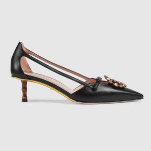 Replica Gucci Women Shoes Metallic Leather Pump with Crystal Double G 50mm Heel-Black 2