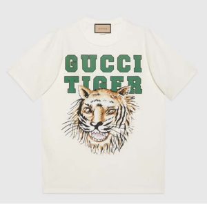 Replica Gucci GG Men Gucci Tiger Cotton T-Shirt White Cotton Jersey Crewneck 2