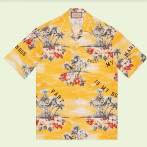Replica Gucci GG Men Printed Cotton Bowling Shirt Yellow Red Poplin Short Sleeves 2