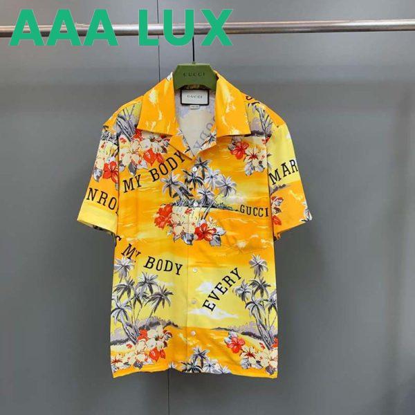 Replica Gucci GG Men Printed Cotton Bowling Shirt Yellow Red Poplin Short Sleeves 5