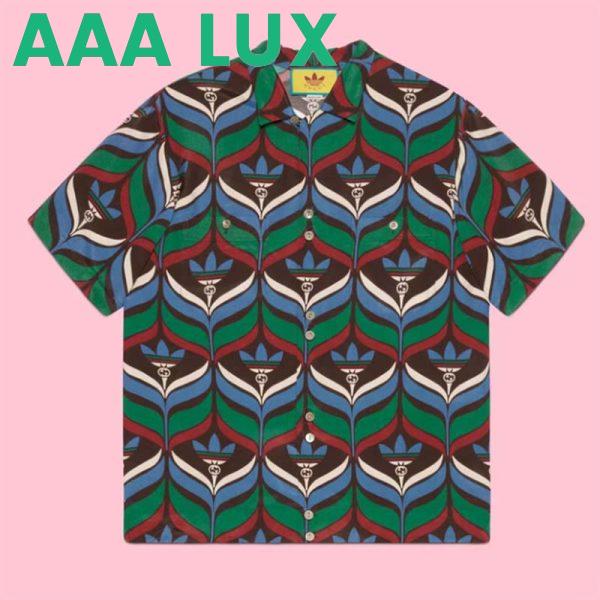 Replica Gucci GG Women Adidas x Gucci Trefoil Print Bowling Shirt Straight Hem Side Vents Viscose