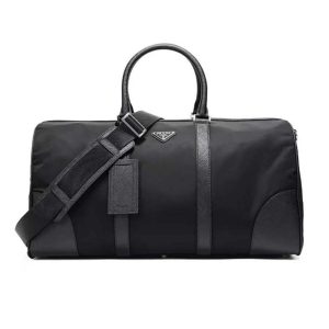 Replica Prada Unisex Re-Nylon Saffiano Leather Handles Duffle Black Bag 2
