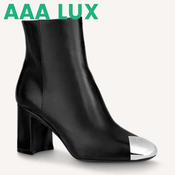 Replica Louis Vuitton LV Women Louise Ankle Boot LV Circle Signature Black Calf Leather Metal Toe Cap