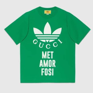 Replica Gucci GG Men Adidas x Gucci Cotton Jersey T-Shirt Green Jersey Crewneck Oversize Fit 2