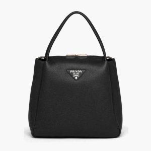 Replica Prada Women Medium Leather Handbag with the Prada Metal Lettering Logo Illuminating Its Center-Black