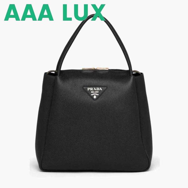 Replica Prada Women Medium Leather Handbag with the Prada Metal Lettering Logo Illuminating Its Center-Black