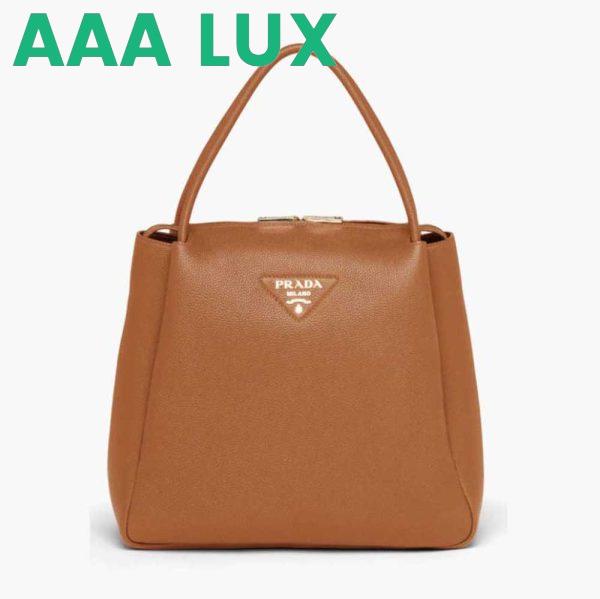 Replica Prada Women Medium Leather Handbag with the Prada Metal Lettering Logo Illuminating Its Center-Brown