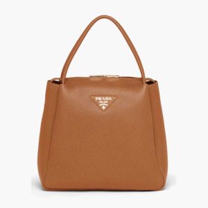 Replica Prada Women Medium Leather Handbag with the Prada Metal Lettering Logo Illuminating Its Center-Brown 2