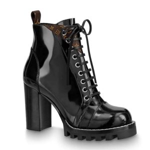 Replica Louis Vuitton LV Women Star Trail Ankle Boot in Black Glazed Calf Leather with Monogram Canvas-Black 2
