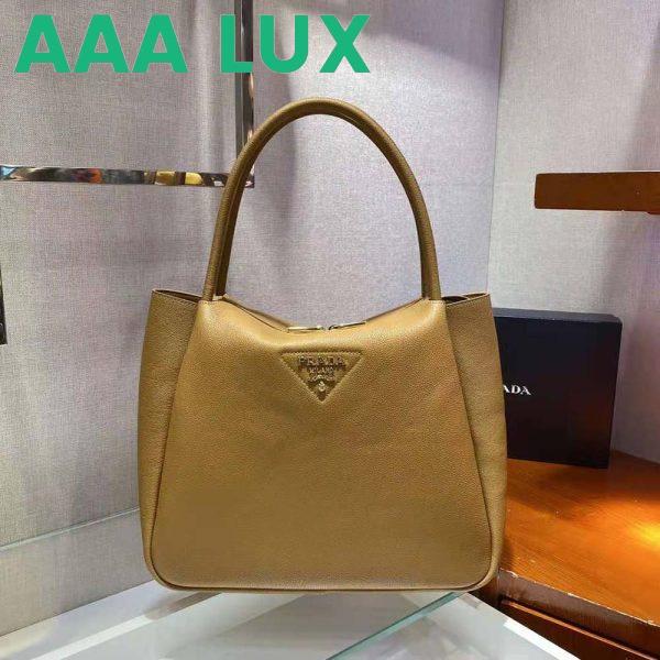 Replica Prada Women Medium Leather Handbag with the Prada Metal Lettering Logo Illuminating Its Center-Brown 4