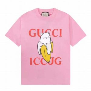 Replica Gucci GG Women Bananya Cotton T-Shirt Pink Jersey Crewneck Oversize Fit 2