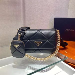 Replica Prada Women Padded Leather Shoulder Bag Triangle-Stitched Padding-Black 2