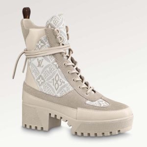 Replica Louis Vuitton Women LV Platform Desert Boot Beige Jacquard Textile Suede Calf Leather