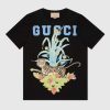 Replica Gucci GG Women Gucci Tiger Flower T-shirt Black Cotton Jersey Crewneck Oversize Fit