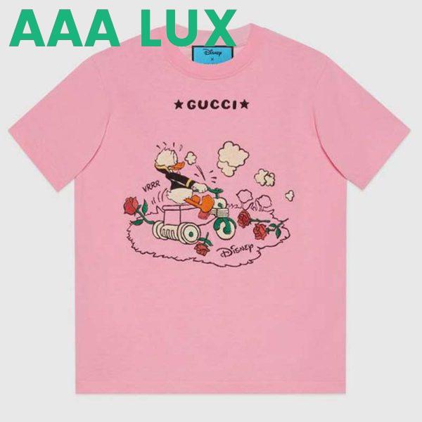 Replica Gucci Men Disney x Gucci Donald Duck T-Shirt Cotton Jersey Crewneck Short Sleeves-Pink