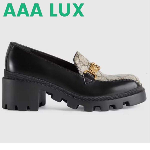Replica Gucci Women Loafer Interlocking G Black Leather Beige Ebony GG Supreme Canvas