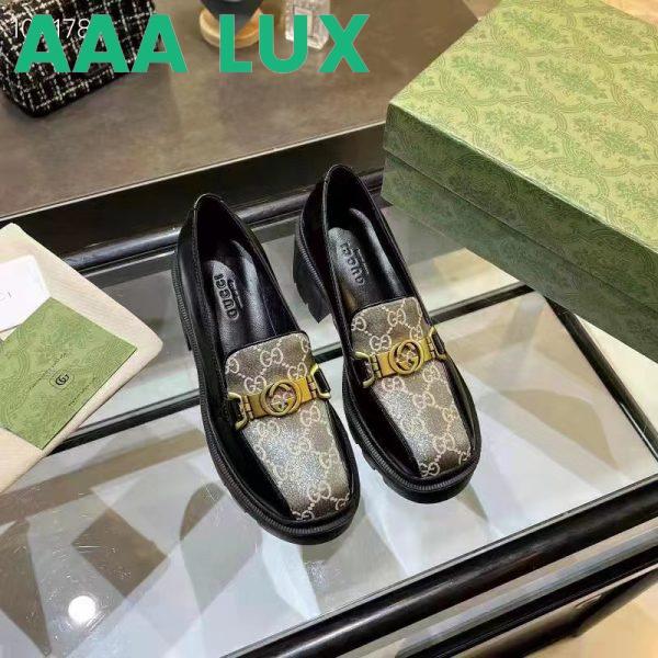 Replica Gucci Women Loafer Interlocking G Black Leather Beige Ebony GG Supreme Canvas 4