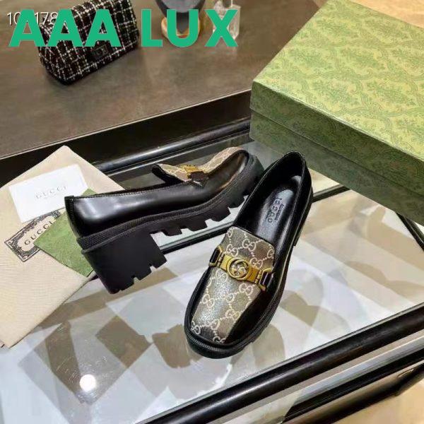 Replica Gucci Women Loafer Interlocking G Black Leather Beige Ebony GG Supreme Canvas 6