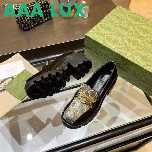 Replica Gucci Women Loafer Interlocking G Black Leather Beige Ebony GG Supreme Canvas 8