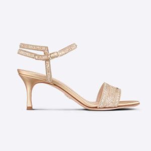 Replica Dior Women Dway Heeled Sandal Gold-Tone Cotton Embroidered with Metallic Thread and Strass 2
