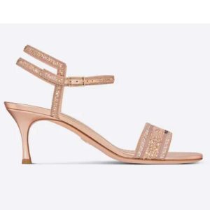 Replica Dior Women Dway Heeled Sandal Rose Des Vents Cotton Embroidered Metallic Thread Strass 2