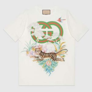 Replica Gucci Men GG Tiger Interlocking G T-Shirt White Cotton Jersey Flower Crewneck Oversize Fit