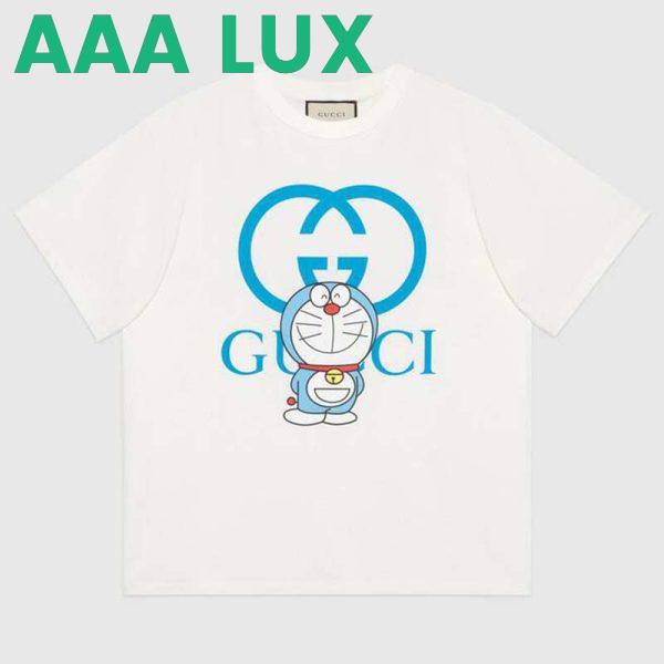 Replica Gucci Women Doraemon x Gucci Oversize T-Shirt Ivory Cotton Jersey Crewneck-Blue