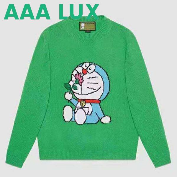 Replica Gucci Women Doraemon x Gucci Wool Sweater Green Wool Crewneck