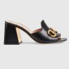 Replica Gucci GG Women Slide Sandal with Horsebit Black Leather 8 cm Heel