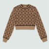 Replica Gucci Women GG Horsebit Cashmere Jacquard Sweater Camel Brown Wool Crewneck
