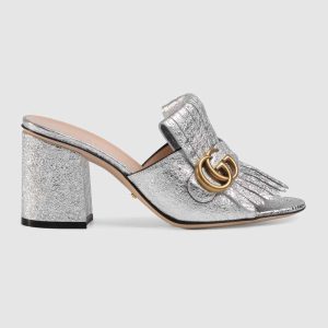 Replica Gucci Women Suede Mid-Heel Slide 75mm Heel-Silver