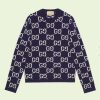 Replica Gucci Women GG Wool Jacquard Sweater Blue Ivory Long Sleeves Crewneck