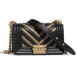 Replica Chanel Women Small Boy Chanel Handbag in Metallic Lambskin Leather-Black and Gold 2