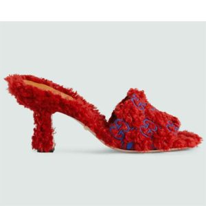 Replica Gucci Women Adidas x Gucci Slide Sandal Red GG Trefoil Shearling-Effect Fabric