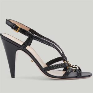Replica Gucci Women Crystal Interlocking G Sandal Black Braided Leather High 9 Cm Heel 2
