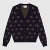Replica Gucci Men Double G Jacquard Wool Cardigan Front Pockets Blue and Beige