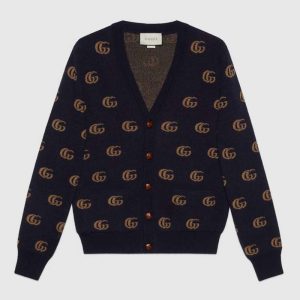 Replica Gucci Men Double G Jacquard Wool Cardigan Front Pockets Blue and Beige 2