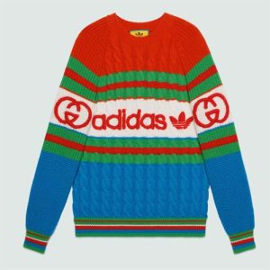 Replica Gucci Men GG Adidas x Gucci Wool Sweater Blue Orange Cable Stitch Crewneck