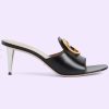 Replica Gucci Women GG Blondie Slide Sandal Black Leather Metallic Mid Heel 6.6 Cm Heel