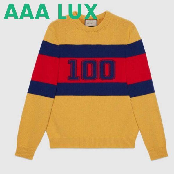 Replica Gucci Men Gucci 100 Wool Sweater Yellow Wool Blue Red Web 100 Intarsia