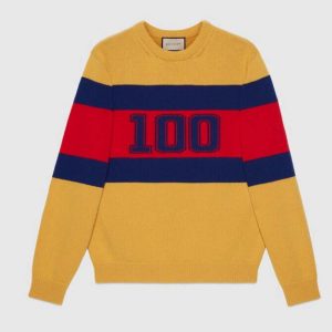 Replica Gucci Men Gucci 100 Wool Sweater Yellow Wool Blue Red Web 100 Intarsia 2