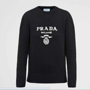 Replica Prada Men Cashmere Wool Prada Logo Crew-Neck Sweater Black Menswear Fit 2