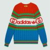 Replica Gucci Women GG Adidas x Gucci Wool Sweater Blue Orange Cable Stitch Crewneck