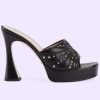Replica Gucci Women GG Heeled Slide Sandals Black Leather Studs Spool High 15 Cm Heel